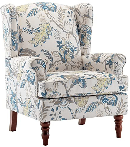 MELLCOM Floral Accent Chair, High Back Upholstered Armchair with Solid Legs, Leisure Single Sofa Chair for Living Room, Bedroom, Home Office, Blue Floral