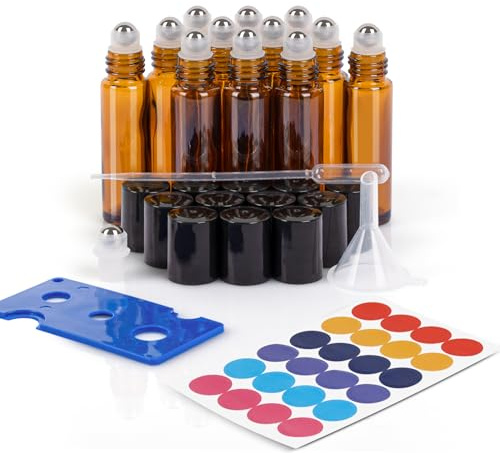 ComSaf 10ml Glass Bottles for Essential Oils, Set of 12 Empty Bottles with Stainless Steel Roller, Funnel, Opener, Labels, Pipettes, for Aromatherapy Blends, Massage, Oil