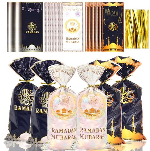 120 Stücke 27*12CM Eid Mubarak Tüten Ramadan Deko Tüten Geschenktüten Mit Mond, Stern, Und Schloss Elementen Krawatten Tüten Dekoration mit Gold Krawatten Für Partytüten Goodie Tasche Kindergeburtstag