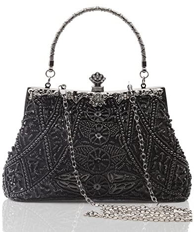 BABEYOND Sac à main pour femme - Style années 1920 - Avec strass - Beige - Pour soirée, bal de fin d'année, mariage - Accessoire de mariée, Noir , Taille unique
