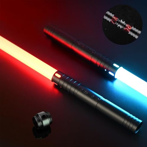 MOZC Laserschwert Kinder, 2-in-1 Lichtschwert mit 15 Farben, Duell Lightsaber mit 4 Modi und Sounds, USB-C Aufladbar Lichtschwerter, FX Laserschwert für Kinder Party, Geschenk, Cosplay (schwarz 2pc)