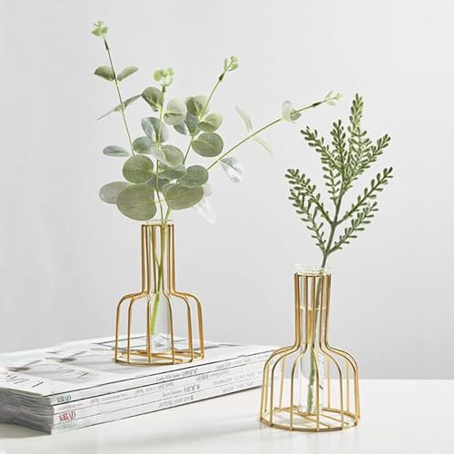 2 Gold Flower Vases with Metal Frame, Transparent Glass Vase for Decorative Test Tubes, Small Bud Vase Gifts to Use for Wedding Decoration, Floral Table Decoration