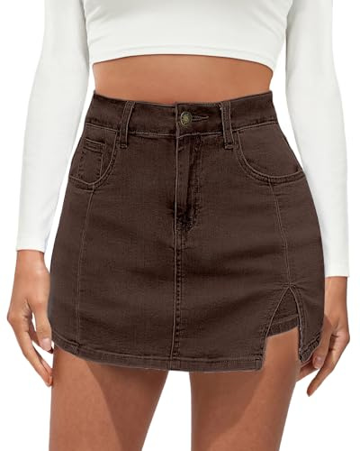Vetinee Wrap Skirt Skorts - Asymmetrical Mini Denim Skort for Women - Rustic Brown, Size 8/10