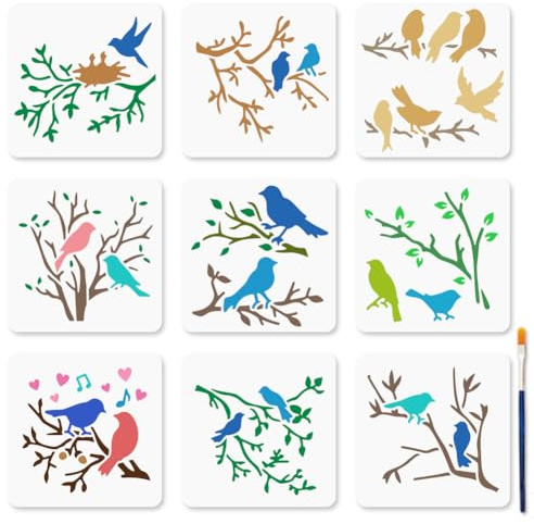 MAYJOYDIY 9 Pcs Birds Branches Stencil Twigs Nests Stencils with Paint Brush 15×15cm Bird Animals Reusable Plastic Painting Template for Craft on Window Wood Wall Home Decoration