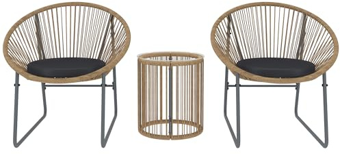 Outsunny Conjunto de Jardín Exterior de 3 Piezas Juego de 2 Sillas y Mesa de Ratán con Cojines Acolchados y Encimera de Vidrio Templado para Balcón Terraza Natural