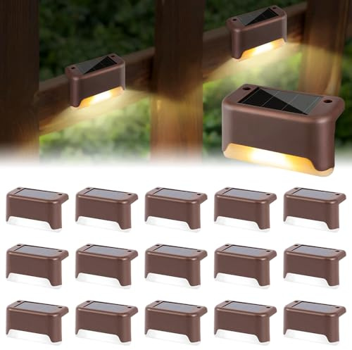 SKIKHN Luces Solares para Cubierta, 16 Piezas Luz de Escalera para Exterior, Luces Solares para Valla, Escalera iluminación LED, para Escaleras, Camino, Patio, Pared (Marrón)