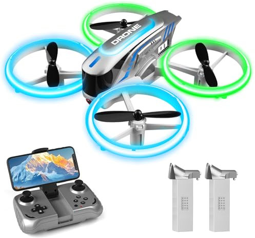 Q1 Mini Drone with Camera for Kids, Adults & Beginners, RC Quadcopter with Cool LED Lights, Headless Mode, 3D Flips, 2 Detachable Batteries, Drone Toys Gifts for Boys and Girls, Grey