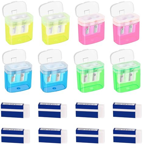 Lot de 8 Taille Crayon avec Reservoir en Plastique, Colorés à Deux Trous et Couvercle, 8 Gommes Blanches en PVC - Matériel Scolaire Pratique pour Enfants, Adultes et Étudiants
