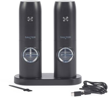 Salter Rechargeable Salt & Pepper Mill Set - Adjustable Grind, Clear Acrylic Windows, Push Button Operation, Storage Base & USB Cable Included, Ceramic Grinding Mechanism, Light Up Base, Easy to Use