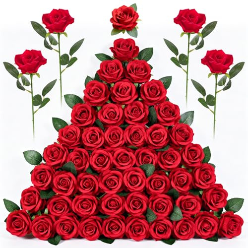 Yimomoyi 50 Rosas Artificiales Rojas, Individuales de Tallo Largo y Color Rojo Oscuro, Rosas Artificiales realistas para decoración de Bodas, Ramos de Novia, propuestas de Matrimonio, Cumple
