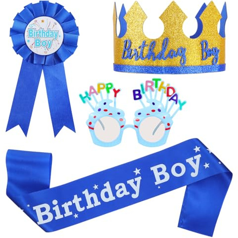 Birthday King Crown Hat Set, Prince Crown Hat, Sash, Sunglasses, Button Pin Accessory for Boys Birthdays Party Decoration Photo Props
