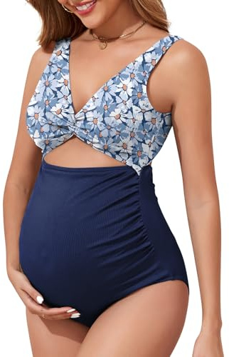 Century Star Maternity One Piece Swimsuits for Women - Ribbed Cutout High Waist Maternity Bathing Suits Tie Knot Pregnancy Swimwear 2026 Blue Flower XL