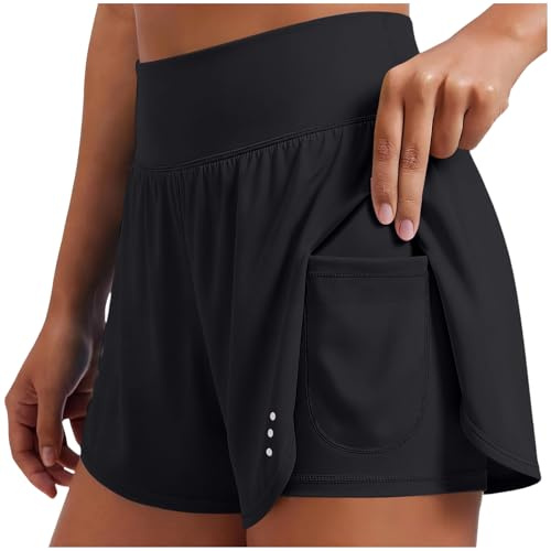 Women's 2-in-1 Running Shorts High Waisted Quick Dry Workout Short Trousers with Pockets Lightweight Moisture-Wicking Summer Shorts for Women UK Breathable Activewear Casual Bottom Sport Pant Black