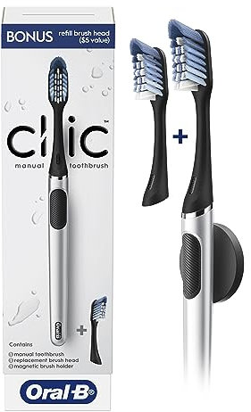 Oral-B Clic Zahnbürste Chrom Schwarz mit 1 Bonus Ersatzbürstenkopf und magnetischem Zahnbürstenhalter