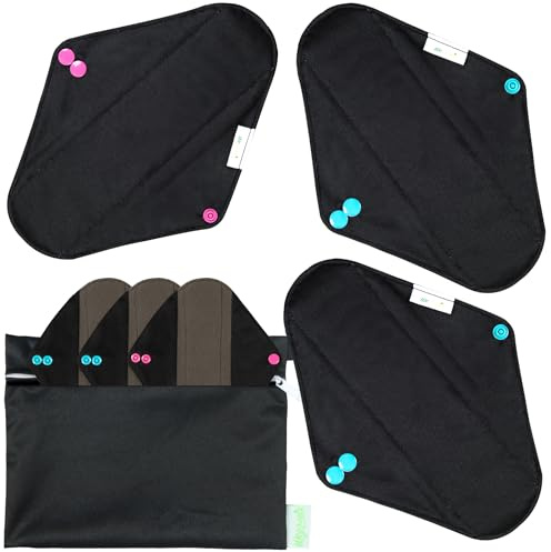 wegreeco Charcoal Reusable Menstrual Pads - Reusable Sanitary Pads | Reusable Panty Liners | Soft Cloth Menstrual - 6 Pack with 1 Cloth Mini Wet Bag (Small, Black)