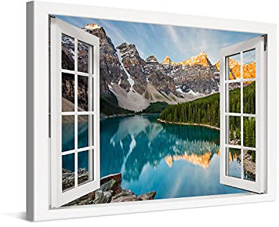 PICANOVA – Photo sur Toile Lac de Montagne Moraine Fenêtre 120x80cm – Impression sur Toile Haut de Gamme – Image sur Toile pour Décoration Murale Moderne – La Collection Montagnes