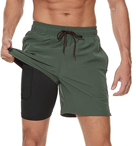 Arcweg Badehose für Herren mit Kompression Liner 2 in 1 Atmungsaktiv Badeshorts Männer Elastisch Trainingsshorts Verstellbar Tunnelzug mit Reißverschlusstaschen Militärgrün XL (EU)