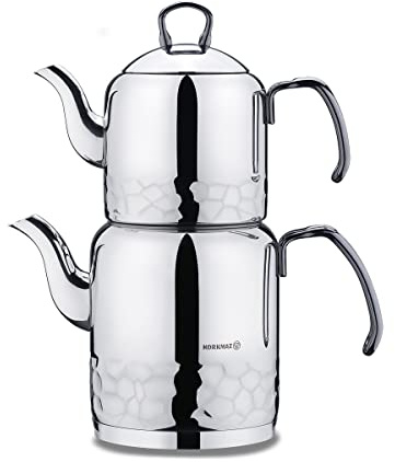korkmaz A227 Erna Turkish Teapot Set for Stovetop, 18/10 Stainless Steel Double Tea Maker with Glass Lid & Silver Metal Handles, Samovar Style Tea Kettle with 40.6 Oz (1200ml) & 74.4 Oz (2200ml)