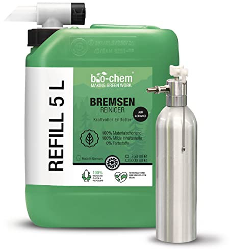 bio-chem Bremsenreiniger Set: 5 L Kanister + Air-Force Druckluft-Sprühflasche wiederbefüllbar für Auto, Motorrad und Fahrrad I Leistungsstarker Entfetter für Scheibenbremsen