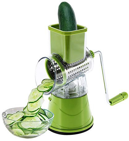 BORDSTRACT Rallador de Queso Giratorio, Cortador Mandolina Redondo Manual, Ralladores de Cocina, Con 3 Cuchillas Tambor Intercambiables, Molinillo Para Verduras, Nueces, Ajo, Chocolate, Rábano(Verde)