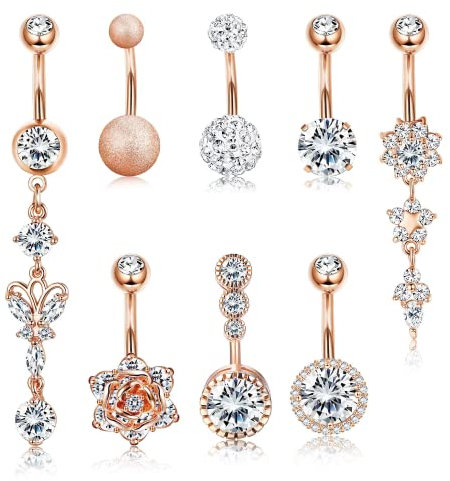 Dochais 8 Stück Piercing Bauchnabel Edelstahl, Piercing Bauchnabel Rosegold, Bauchnabelpiercing CZ, Bauchnabelpiercing 10mm Stablänge für Damen Männer 14G