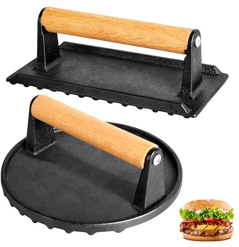 Alyoen Set di 2 pressa per hamburger in ghisa, per hamburger, con antiaderente, rotonda e rettangolare, grande 1 kg, per pressare bistecche, hamburger, pancetta, salsicce