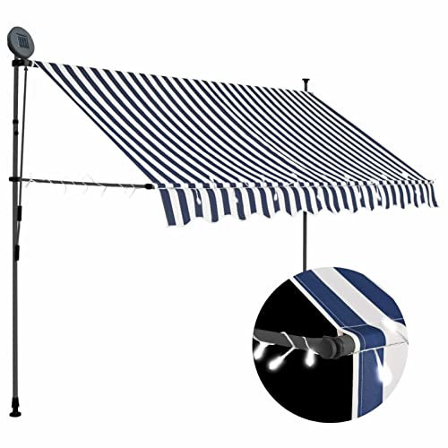 Homgoday Retractable Manual Awning for Outdoors Awning Sun Awnings for Balconies Awning with Extendable Arms Outdoor Awning with LED 300 cm Blue and White