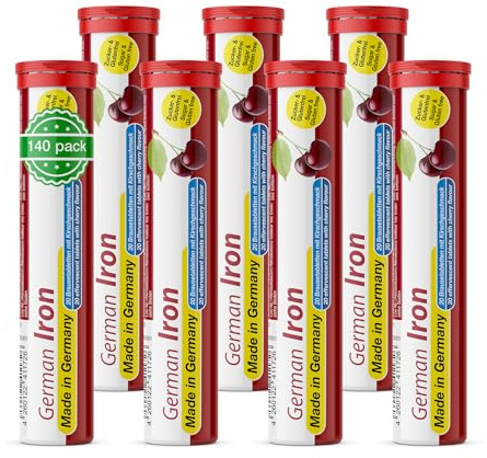 T&D German Iron 14 mg - 140 Vegan Drink Effervescent Tablets - Cherry Flavor - Made in Germany