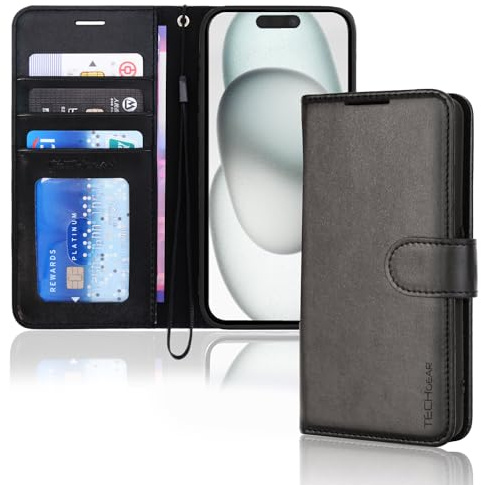 TECHGEAR iPhone 15 Leather Wallet Case, Flip Protective Case Cover with Wallet Card Holder, Stand and Wrist Strap - Black PU Leather with Magnetic Closure for iPhone 15 6.1