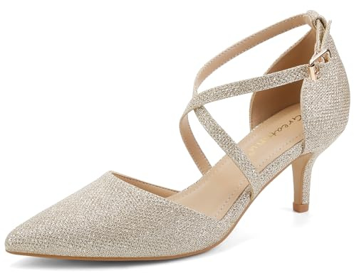Greatonu Womens Court Shoes Pointed Toe Kitten Mid Low Heel Sandals Ladies Ankle Strap Pumps Gold Size 8
