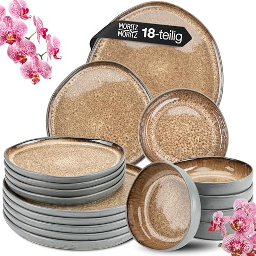 Moritz & Moritz ORGANIC 18-teiliges Geschirrset 6 Personen Beige - Elegantes Teller Set aus hochwertigem Steinzeug - Geschirr Set 6 Personen aus 6x Dinnerteller, 6x Dessertteller, 6x Suppenteller