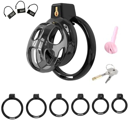 Cage de Chasteté Pénis en Silicone Cage de Chasteté avec 6 Anneaux de Tailles Différentes et des Serrures Invisibles Sex Toýs Homme Chastity Cage Souple et Respirante Ceintures de Chasteté (S,Black)