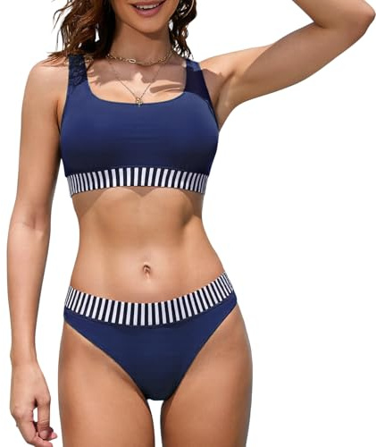 iSLASISIA Costume da Bagno Sportivo Donna 2 Pezzi a Vita Alta per Le Donne Imbottito Push Up Donna Bikini Costumi da Bagno Tummy Control Swimwear（Blu Scuro,EU38）