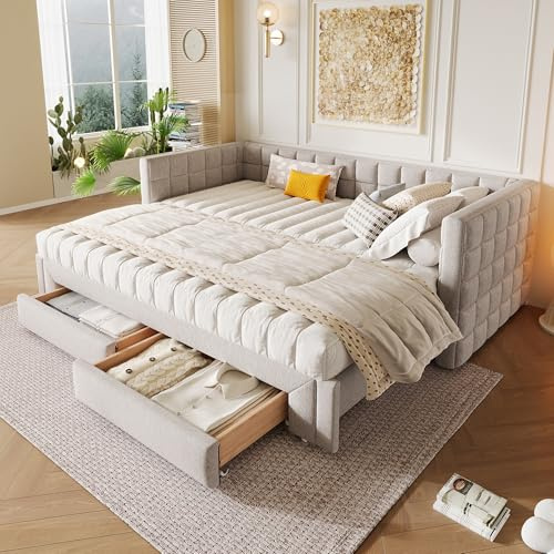 Kebnor Daybett, Tagesbett, 90 x 200cm, Sofabett mit quadratischer Rückenlehne, ausziehbares Bett (ausziehbar auf 180 Queensize), 2 Schubladen, ohne Matratze (Beige, 90 x 200cm)