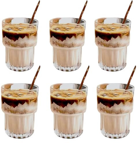 MUJUZE Juego de 6 vasos grandes para latte macchiato apilables, ideales para café helado, helados y postres, diseño acanalado vintage, juego de vasos (juego de vasos de café de 320 ml)