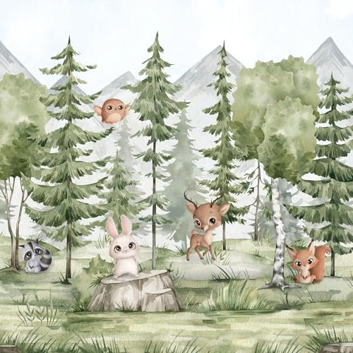 UNIK Nordic papier peint enfant animaux forêt montagne personnalisé – tapisserie murale en intissé, facile à poser, déco ludique et naturelle pour chambre bébé fille garçon