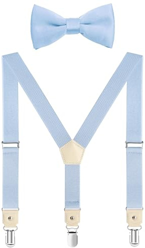 JRHEJTFZ Boys Suspenders and Bow Tie Adjustable with 3 Strong Metal Clips Light Blue 40