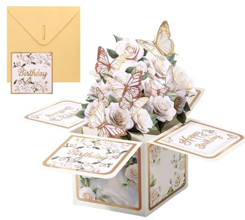 Cartes d'Anniversaire Pop-up pour Femmes, Magnifiques Cartes de Vœux Pop-up 3D avec Roses et Papillons Coffret avec Enveloppe pour Maman Épouse Sœur Petite Amie