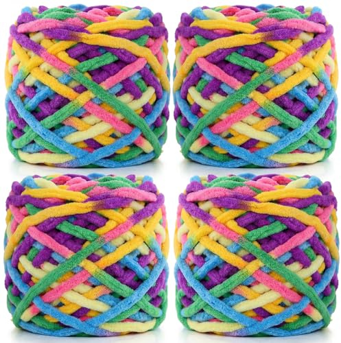 Cnwinu Tjock ull för stickning, 4 x 100 g chunky garn, flerfärgat stickgarn tjockt garn, mjuk tjock ull för virkning, för filtar, kuddar, husdjursbäddar, väskor, mössor och halsdukar