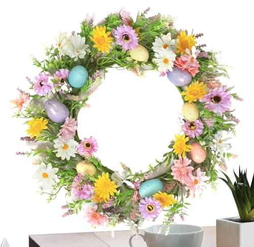 Påskkransar för ytterdörren – 45 cm i diameter, 260 g | färgglad ägg-vårkrans ABS | konstgjord dörrkrans | blandade kvistar bondgård påskdekorationer | vägghängande utomhus inomhus