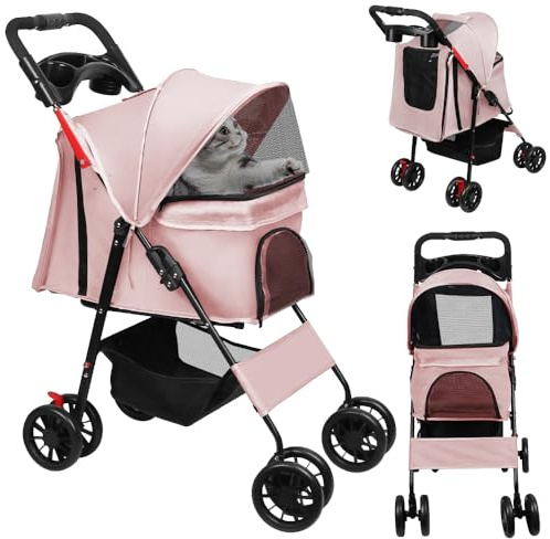 Poussette buggy pour chien, poussette pour chat animaux de compagnie pliable, tissu 300D Oxford 4 roues, 20kg (rose, 98 * 67 * 46cm)