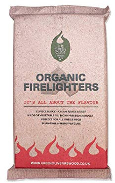 Green Olive Firewood - Organic Fire lighters - 1 Pack of 32 Firelighters for BBQ, Fireplaces, Stoves, Campfires - Natural BBQ Lighter - Organic and long lasting Fire Starter