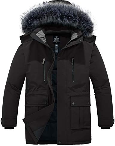 Wantdo Herr vinter ledig kappa varm utomhusjacka bomull vadderad kappa vindtät ytterkläder parkas med fuskpäls huva