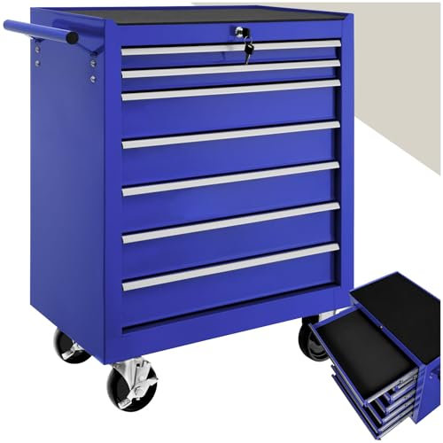 TecTake ® Carrito Auxiliar con Ruedas, 7 Cajones, Revestido en Polvo, Organizador de Herramientas, Caja de Herramientas Vacía, Armario Metálico, Carro Taller, Ruedas con Freno - Azul