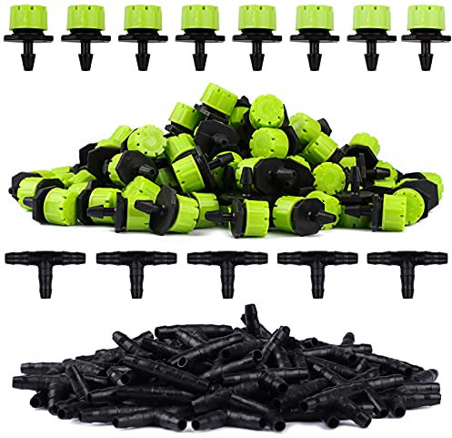 Kalolary 100pcs Vert Goutteur Irrigation Réglable + 100PcsTee Joint de Tuyau Système D'arrosage Automatique Goutte à Goutte Micro Gicleurs Drippers pour Plante Serre DIY Jardin