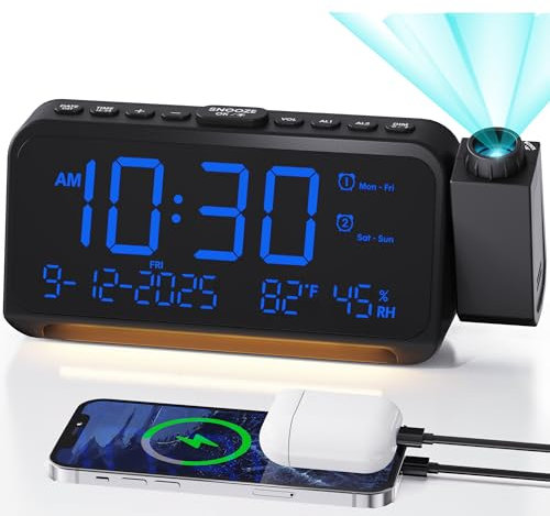 Roxicosly Reloj despertador de proyección para techo de dormitorio, 118 dB súper fuerte para personas que duermen mucho, pantalla digital regulable grande de 6.7 pulgadas con fecha de día, humedad de