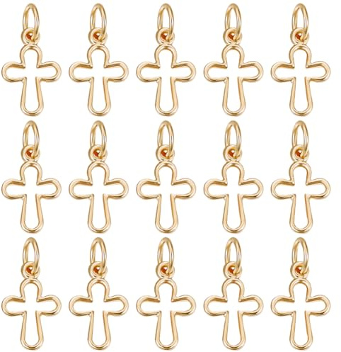 Beebeecraft 1 låda 30 stycken korshänge 18 karat förgyllt litet kors hänge med böjring för smyckestillverkning halsband armband gör-det-själv hantverk, 12x8x1 mm, Mässing