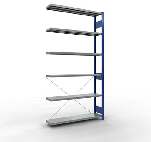 qpool24 Anbauregal, Fachbodenregal Stecksystem MULTIplus250, 2500 x 1300 x 300 mm (HxBxT), 6 Fachböden, Kreuzstrebe, RAL 5010 enzianblau/verzinkt