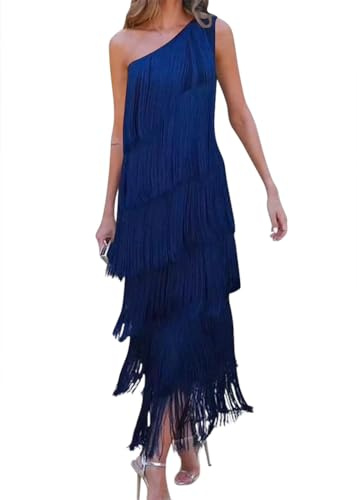 Onsoyours Abito Donna Frange Elegante Chic Vestiti Sexy Senza Maniche Vestito Lunghi A-Linea Asimmetrico Maxi Abiti Cocktail Sera Party Dress A Blu M