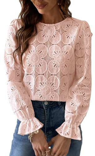 CUPSHE - Blusa de mujer con cuello redondo y mangas largas, con bordados florales calados y puños elásticos, camisa elegante, rosa claro, S